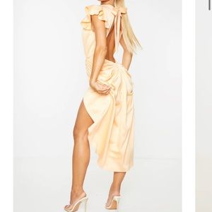 PLT NWT Tangerine Bustle Ruched Backless Satin-style Dress